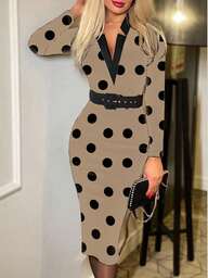 Women's V-Neck Polka Dot Maxi Dress, Notched Collar, Long Sleeve, With Belt, Elegant Bodycon Maxi Dress, Party Style, Suitable For Autumn/Winter Commute, Daily Outing, Wedding, Party