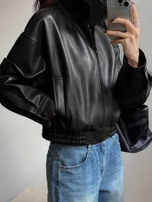 Mujeres Retro Suelta Cremallera Corta Solapa Chaqueta de cuero, Abrigos casuales de manga larga para otoño e invierno, chaquetas de mujer - Negro - Ver 3