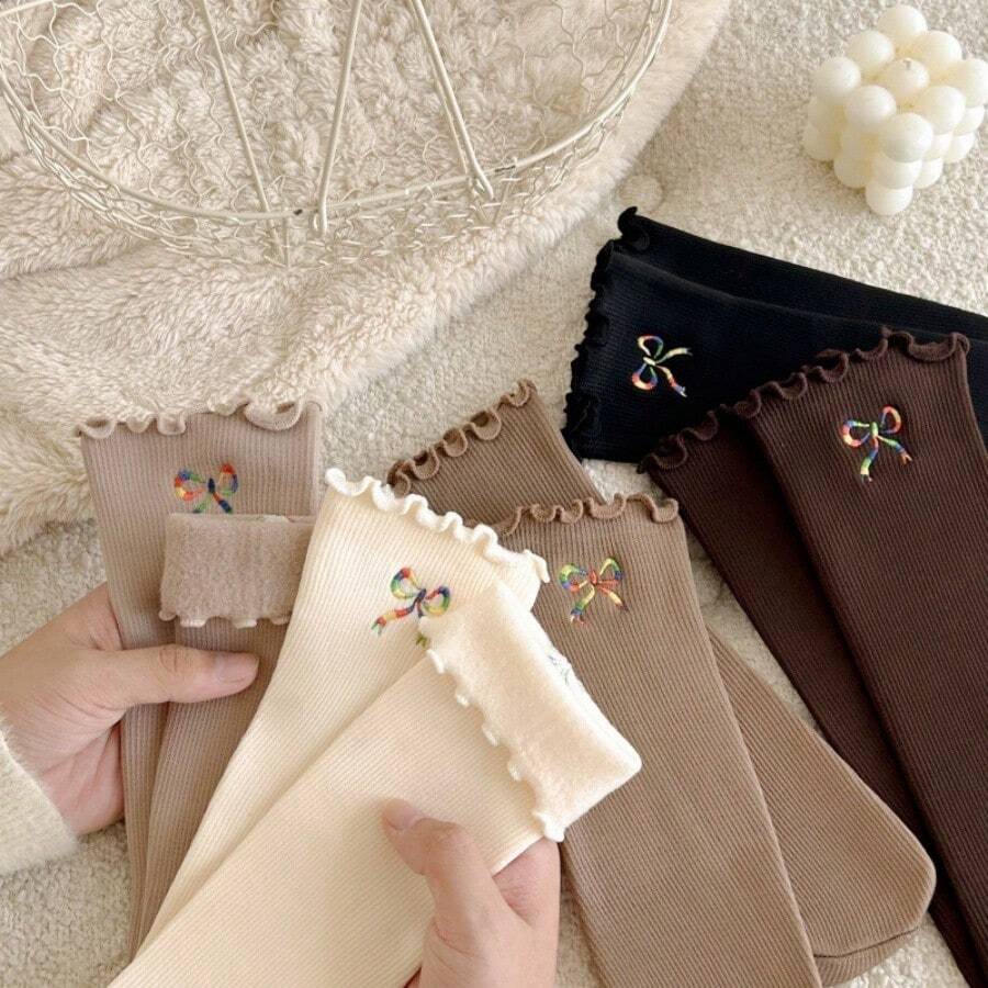 1 đôi/3 đôi/5 đôi Tất lót giữ nhiệt ấm áp, Tất viền nơ, Tất cổ cao dày đa năng cho mùa thu/đông - Nhiều màu - Xem 1