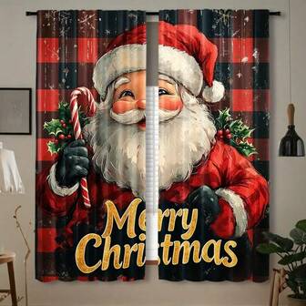 2 st. rutiga julgardiner med julmotiv, polyestergardiner, polyestertyg, stångfickor, modern stil, maskintvättbara, ofodrade, halvtransparenta, sovrumsgardiner som används för sovrumsdekoration.