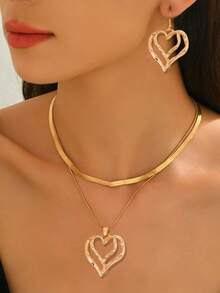 2件套极简项链+耳环首饰套装，时尚镂空双层心形吊坠，金属蛇骨链项链，多层锁骨链，适合日常、休闲、派对、情人节礼物、小众配饰