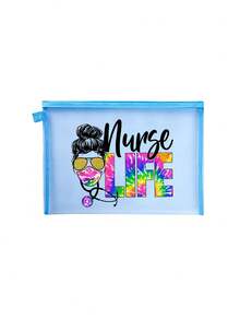 一款大容量网眼化妆包，有5种颜色可选，配有拉链，印有护士、生活、听诊器、口罩等图案。它是一款多功能视觉化妆收纳包、文件多用途旅行包、沙滩手提包。