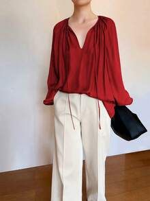 Elegant Women's Shirt, Loose V-Neck Faux Silk Satin Shirt, Balloon Sleeves And Ruched - Rojo - Ver 7