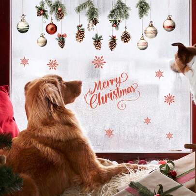 Pegatinas decorativas navideñas con ramas de pino, piñas y bolas de colores - Autoadhesivas, removibles, de estilo contemporáneo, perfectas para paredes y ventanas, decoración del hogar en salas de estar y estudios, decoraciones navideñas