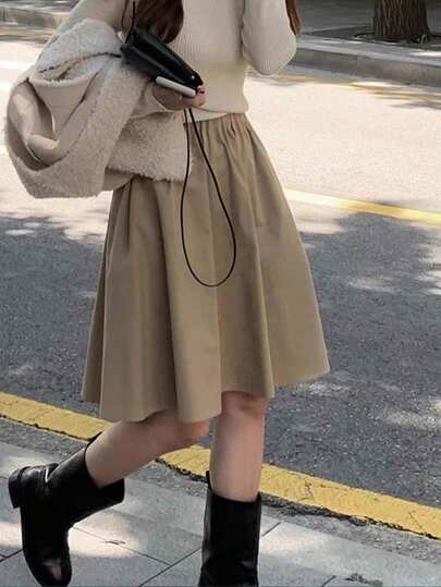 韩版复古松紧腰百搭纯色休闲A字裙女