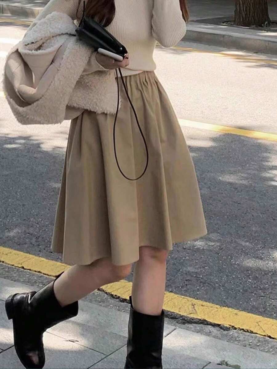 韩版复古松紧腰百搭纯色休闲A字裙女 - 卡其色 - 查看 1