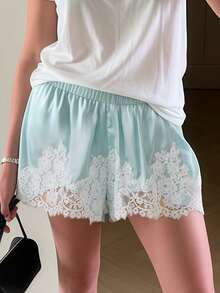 Summer Satin Mini Shorts With Lace Ruffles And Casual Shorts For Women At The Beach - Sky Blue - View 3
