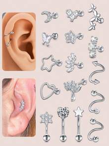 CIZME 1PC Cartilage Earrings For Women Men 16G Stainless Steel Silver Earring Rook Piercing Jewelry Curved Barbell Helix Daith Earrings Spiral Twisted Stud Earrings Butterfly Moon Star Flower Ear Piercing Jewellery For Helix Cartilage Tragus For Woman Man Daily Wear Woman Gift