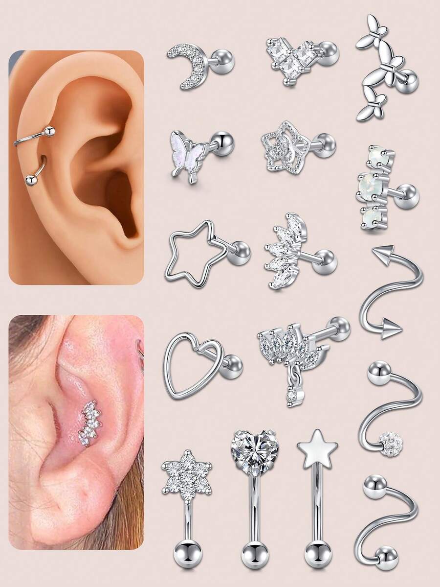 CIZME 1PC Cartilage Earrings For Women Men 16G Stainless Steel Silver Earring Rook Piercing Jewelry Curved Barbell Helix Daith Earrings Spiral Twisted Stud Earrings Butterfly Moon Star Flower Ear Piercing Jewellery For Helix Cartilage Tragus For Woman Man Daily Wear Woman Gift