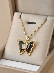 1pc Cute Cubic Zirconia Butterfly Stainless Steel Necklace For Women, Gold Jewelry, Gold Necklace, Gift, For Friends, For Girlfriends