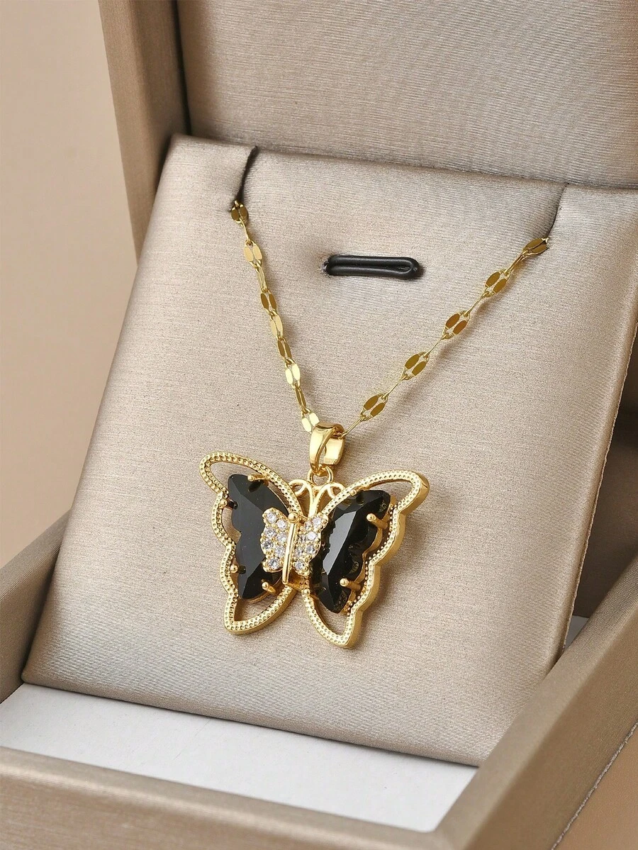 1pc Cute Cubic Zirconia Butterfly Stainless Steel Necklace For Women, Gold Jewelry, Gold Necklace, Gift, For Friends, For Girlfriends