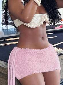 Sulojter Seksowna, modna, minimalistyczna, jednokolorowa, dzianinowa spódnica mini z frędzlami, uniwersalna na randki - Różowy - Zobacz 7