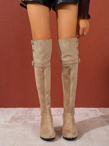 女士过膝长靴，粗跟，保暖，搭扣闭合，圆头，高跟，松紧带，秋冬 - 杏色 - 查看 7