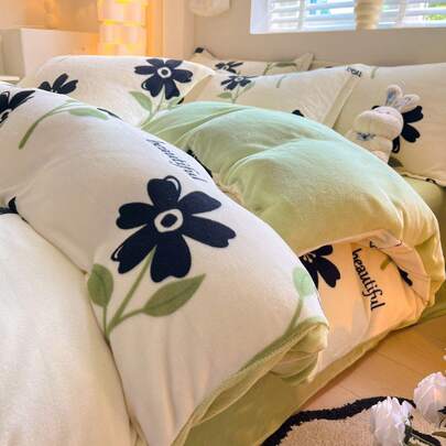 4 ピース漫画ミルクベルベットベッドシーツセットとベルベット暖かいキルトカバー両面ベルベットベッド 3 ピースセットウサギのベルベットキルトカバー寝具