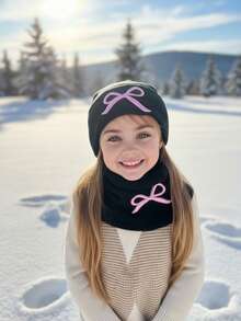 2pcs/Set Girls Embroidered Bow Knit Hat + Scarf Two Pieces Set, Warm Embroidered Bow Knit Set For Autumn/Winter, Children Two Pieces Knit Hat Set, Fashion Knit Hat Set