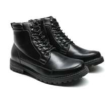 Men's Black Motorcycle Combat Oxford Boots Fur Lining Warm Zipper Boots - 黑色 - 查看 4