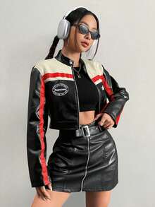 Chaqueta corta de cuero sintético con cremallera y bloques de color para mujer,Chaqueta estampada con letras bordadas - Rojo - Ver 4