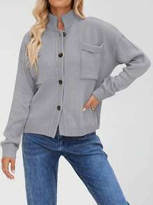 Women Knit Cardigan Long Sleeve Stand Collar Button Closure Fall Casual Jacket Sweater With Pockets - Grey - View 2