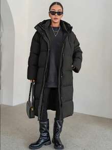 Quilted Down Jacket, New Thick Warm Winter Jacket, Loose Fit, With Hood, Pockets, Drawstring, Zipper, Loose Casual Hooded Padded Cotton Jacket Coat, Long Sleeve Top, Suitable For Cold Weather, Women Outerwear, Retro/Casual/Sporty/Street/College Style, Black Jacket - Black - View 4