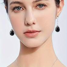 1 Pair S925 Sterling Silver Synthetic Cubic Zirconia & Black Oxidized Zirconia Teardrop Pendant Earrings, High-Quality Jewelry Gift For Women, Low Allergy