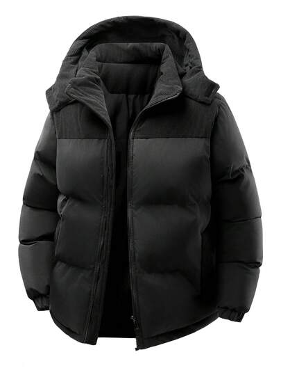 Men's Jacket, Winter Corduroy Color Block Detachable Hood Jacket, Large Pocket Design Casual Loose Sporty Outerwear