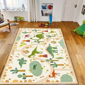 1 pieza Alfombra de peluche con diseño de parque de dinosaurios de dibujos animados, cómoda para dormitorio, sala de estar, oficina, estudio, entrada. Se puede usar como felpudo. Alfombra rectangular moderna, absorbente y antideslizante para dormitorio. Lavable a máquina. Adecuada para decoración del hogar durante todo el año en la sala de estar, también apta para dormitorio, alfombra grande para sala de estar, alfombra para mesita de noche, alfombra para sala de juegos, alfombra para niños, opción ideal para decoración de sala de estar, decoración de dormitorio y decoración otoñal del hogar.