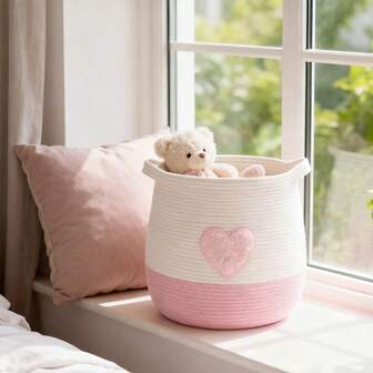 Inwagui Stor tvättkorg med flätat rep, rosa hjärta, tvättkorg, kläder, leksaker, förvaringskorg, filtar, korg med handtag, heminredning, flickors sovrum, organisatörskorg, multifunktionell förvaringslåda för sovrum, badrum, barnrum, presentkorg
