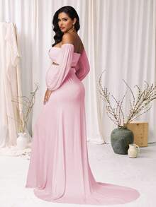 JustVH 2pcs Maternity Lantern Sleeve Tube Top & High Slit Maxi Dress, Suitable For Photo Shoot And Baby Shower