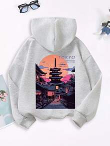 1PC Teen Boys Urban Style Tokyo Japanese Architecture Print Hooded Sweatshirt, Soft And Comfortable, Spring Autumn Daily Leisure Wear - Grey - View 3