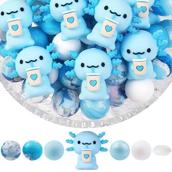 6/30/32颗可爱3D蓝色蝾螈硅胶珠，包括多边形珠、印花圆珠和扁豆珠，时尚设计，适用于珠宝制作，是DIY配件、节日装饰、礼品、笔配件和装饰配件的理想之选——绝佳礼物