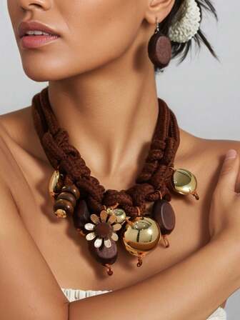 1pc Bohemian Style Multi-Layer Braided Necklace, Metal Flower & Wooden Bead Pendant Necklace