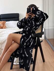 Women's Sleepwear, Cute Cat Print Soft Long Sleeve Pajamas, Plush Bathrobe Loungewear, Warm Winter Home Dress, Black - Black - View 6