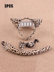 Set de 3 piezas de accesorios con estampado de leopardo: diadema con orejas de leopardo, cola de leopardo, moño de leopardo, adecuado para carnaval, fiesta y actuaciones en el escenario - Multicolor - Ver 8