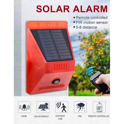 Yoosun Solar Powered Strobe Light With Motion Sensor - 129dB Loud Outdoor Security Siren, Red Flashing, With 1200mAh Rechargeable Solar Battery, For Home, Villa, Yard, Farm Safety, Yoosun