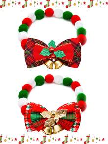 2pcs Christmas Pet Fluffy Necklace & Collar Decorations, Limited Edition Pet Accessories, Christmas Costume Accents, Fluffy Bow Collars For Small Dogs And Cats