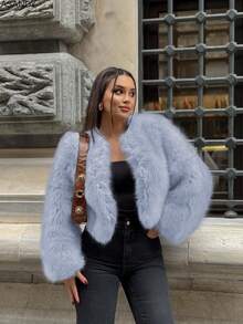 女式圆领宽松短款仿皮草时尚休闲夹克 - 淺藍色 - 查看 6