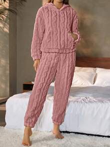 Nina Bonheur 两件套女士加厚双面抓绒连帽衫+舒适家居裤套装，适合居家穿着，蓬松舒适的冬季服装 - 玫紅色 - 查看 8