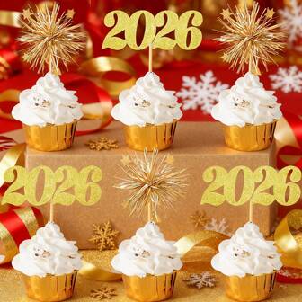 12pcs/24pcs Gold Silver 2026 Happy New Year Cupcake Topper,For 2026 New Year Party DIY Cake Dessert Decoration Supplies