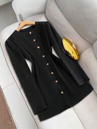 1 Adet Düz Renk Şık Örme Kumaş Metal Düğmeli Kadın Elbisesi, Ofis ve Günlük Giyim