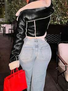 Street Lapel Zip Up Rollable Cuff Teddy Lined PU Leather Crop Moto Jacket Coat Halloween Costumes - Black - View 2