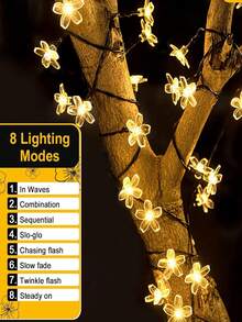 Cordão de luzes de Natal solares, 20/50/100 LEDs, luzes solares de cerejeira, à prova d'água para pátio externo, luzes solares em formato de flor com 8 modos de iluminação, luzes de fada solares para jardim, quintal, varanda, casamento, festa, camping, decoração de árvore de Natal, luzes de decoração de Halloween e Natal. - Preto - Ver 5