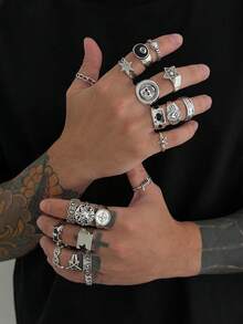 20 件朋克风格骷髅和星星设计戒指套装，适合男士日常休闲佩戴 - 復古銀色 - 查看 3