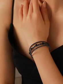 1 Fashionable And Elegant Black Rhinestone Elastic Bracelet, Personalized Design, Unique, Cute, Fashionable And Simple Style, Suitable For Dates, Parties, Daily Life, Birthdays, Holiday Gifts, The Best Choice - màu đen - Xem 3