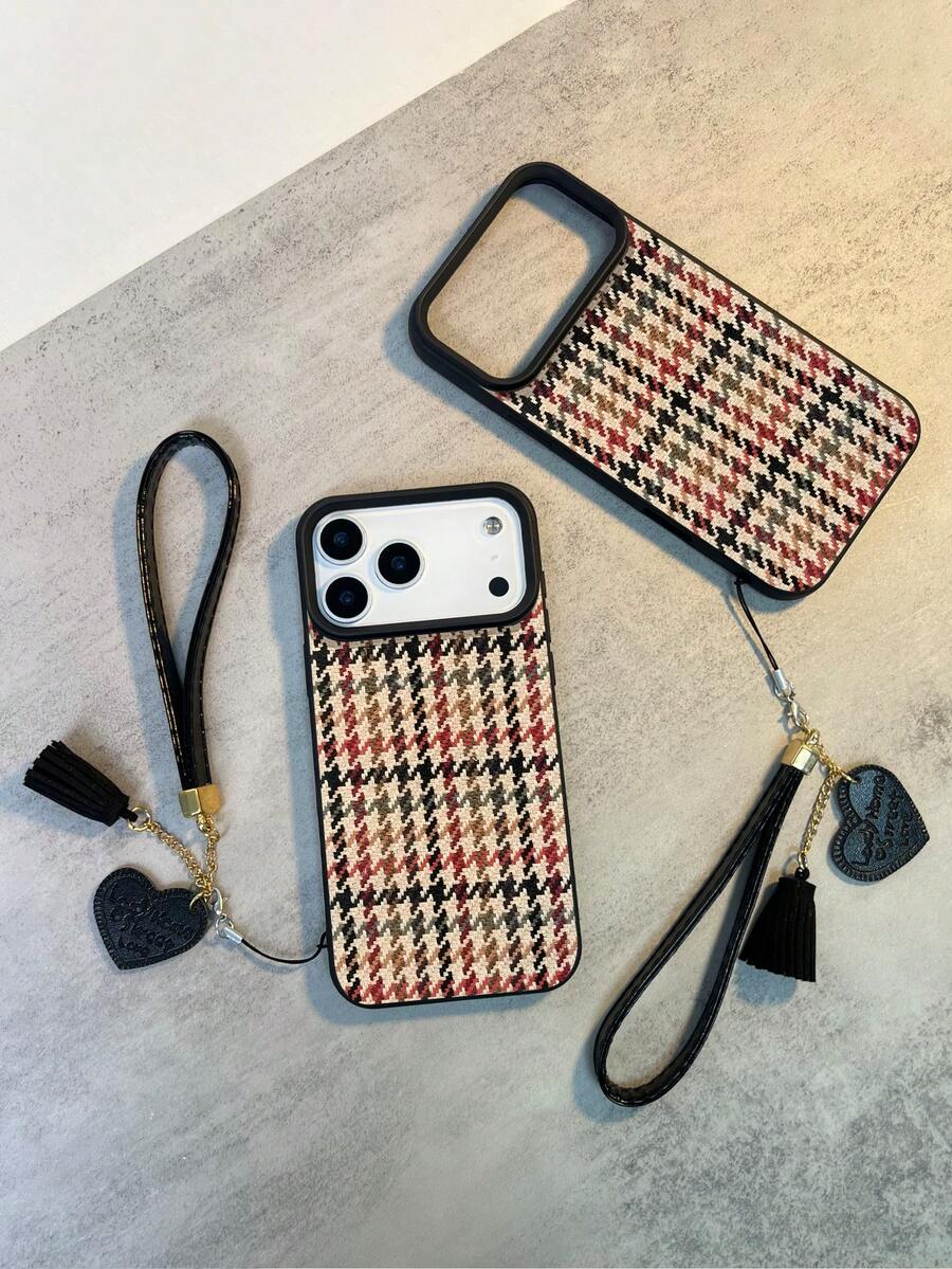 1 Peça Novo Caso de Telefone Macio Antiimpacto e À Prova d'Água com Padrão Minimalist Pied-de-poule + Cordão Fashionable em Formato de Coração, Compatível com Iphone, Ótimo Presente para Amigos, Família, Casais, Aniversário, Feriados