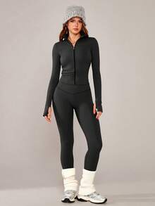 NcmRyu 1 Set Women's Slim Fit Solid Color Stand Collar Zipper Shaping Sports Suit - Black - View 6