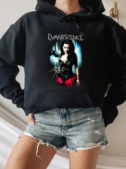 Evanescence Band Logo With Woman Portrait Round Neck Short Sleeve Hooded Sweatshirt Women's And Men's Patterned Sweatshirts