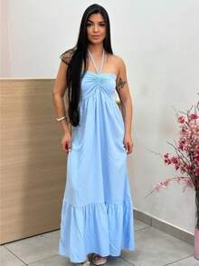 Women's Long, Flowy Strapless Dress With Tie Detail - Baby Blue - View 3
