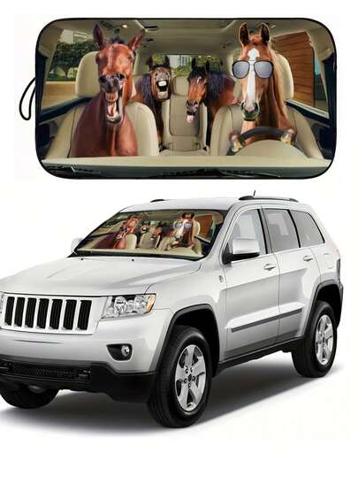 1pc Funny Horse Design Foldable Car Sunshade, Polarized Windshield Sun Visor Cover For SUV, Sedan, Truck, With Storage Bag, Blocks UV Rays And Heat For Small Cars And Mini SUVs