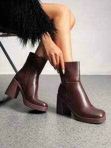 Women's Platform Gogo Ankle Boots Chunky High Heels Square Toe Comfort Party Dress Side Zipper Booties Shoes For Women - 棕色 - 查看 3