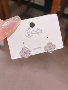 1pc Luxury High-End Rhinestone Silver Four-Leaf Clover 925 Silver Stud Earrings, Fashionable Goddess Versatile Wear, Exquisite Valentine's Day Earrings